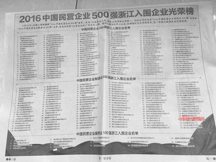 The group company ranked 485th in the list of China's top 500 private enterprises in the manufacturing industry in 2016